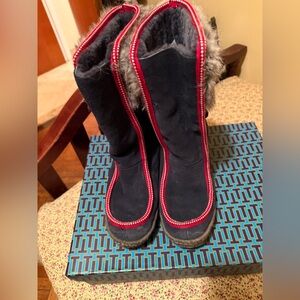 Tory Burch Dark Blue Boots with Red Accents